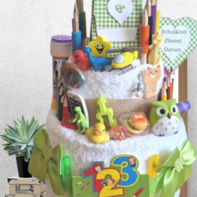 Stiftetorte Geschenk zur Einschulung für Mädchen und Jungen Handtuchtorte Schultüte Schuleinführung erster Schultag 
