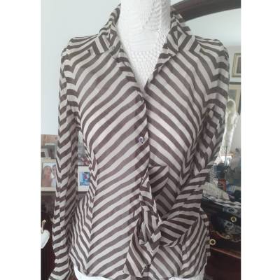 Vintage Bluse René Lezard – Gr. 38 Chevron-Muster Braun/Écru –