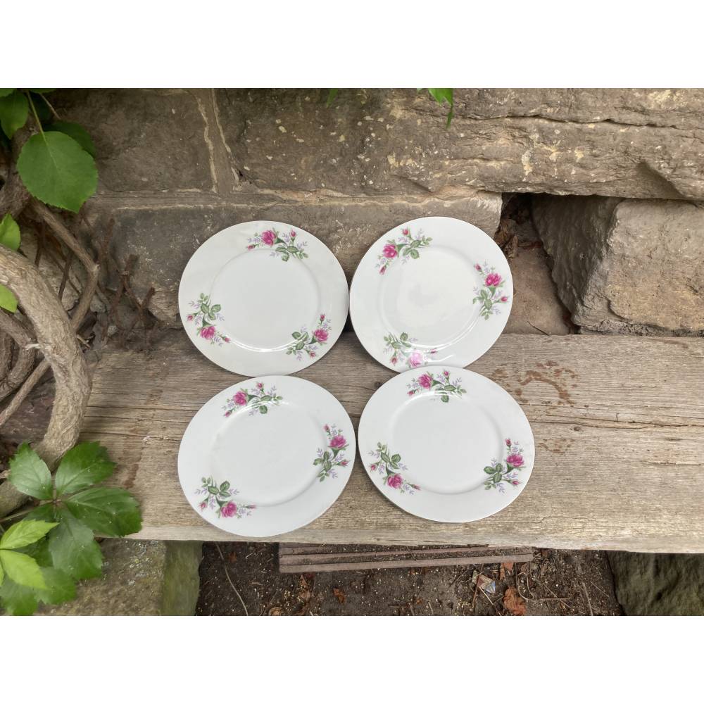 4er Set Kuchenteller mit pinkfarbenem Rosen Dekor China Pearl Regina Porzellan