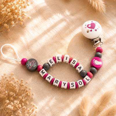 Personalisierter Doppel-Schnullerhalter "Herzensschätze" – Boho-Design