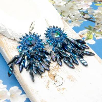 Lässiger XL Beadwork Ketten Anhänger Set Ohrringe blau, Brautschmuck, Hochzeit, Boho, Unikat Geschenkidee, Frau Freundin