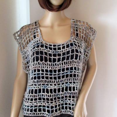 Legeres Netz-Top, Häkelshirt mit hübschem Lochmuster aus Baumwolle mit Seide und Viskose, Top, Shirt