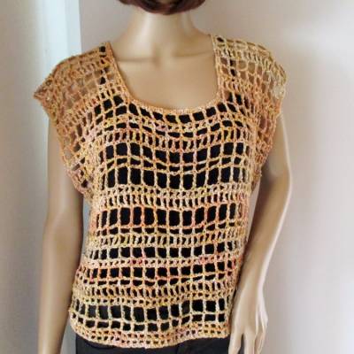 Legeres Netz-Top, Häkelshirt mit hübschem Lochmuster aus Baumwolle mit Seide und Viskose, Top, Shirt