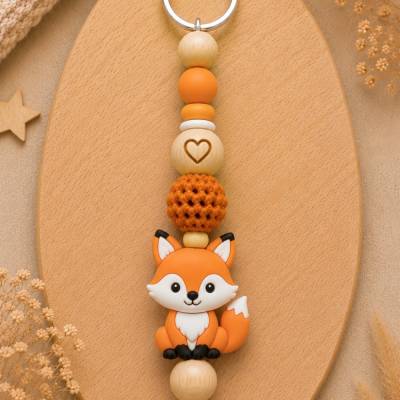 Fuchs-Schlüsselanhänger für Kinder - Personalisierter Taschenbaumler aus Holz & Silikon - Boho-Stil für Rucksack