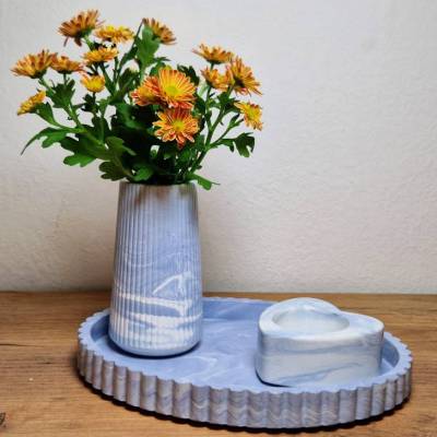 Modernes Raysin 200 Set: Handgefertigte Blumenvase wasserdicht, Herz-Teelichthalter & Deko-Tablett im Marmor-Look