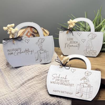Geldgeschenk Geburtstag, Gutscheinverpackung aus Holz,  Geldgeschenkverpackung Freundin, Geschenkverpackung Hoztasche