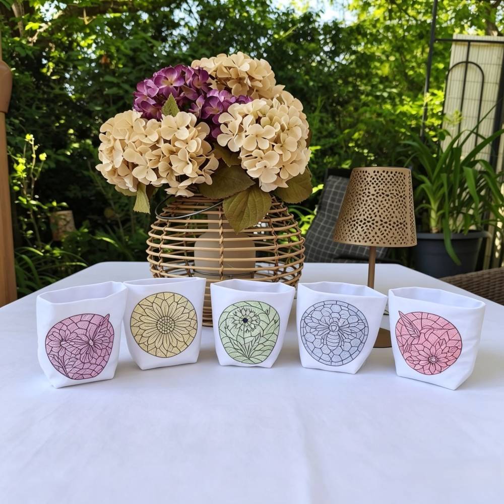 Stickdatei Sommerliebe  Mosaik Lichbeutel Set 2692/4 Blume, Schmetterling, Biene, Pusteblume und Kolibri Bild 1