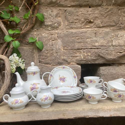 21 tlg. Kaffeeservice Rosendekor Lila Gold Colditz Lettin Porzellan 60er 70er Jahre DDR