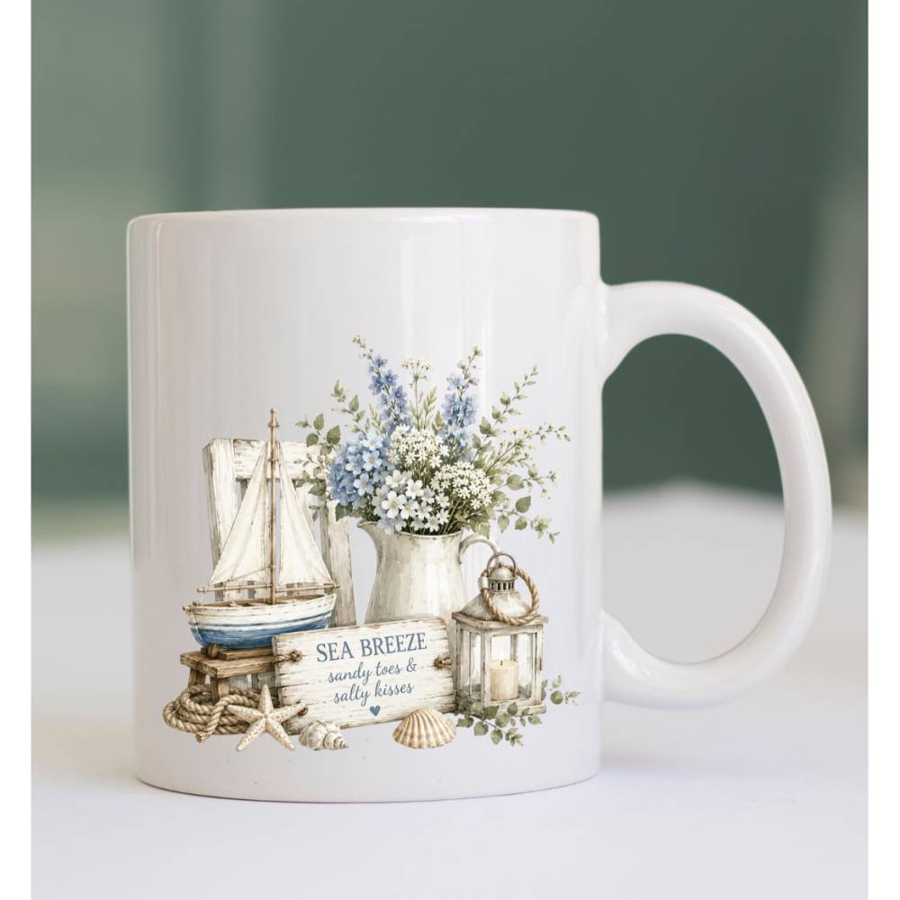 Maritime Landhausstil Tasse mit Segelboot & Blumen | Küstenliebe Becher