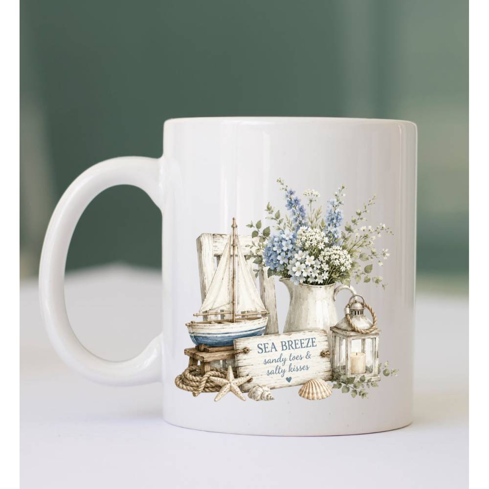 Maritime Landhausstil Tasse mit Segelboot & Blumen | Küstenliebe Becher