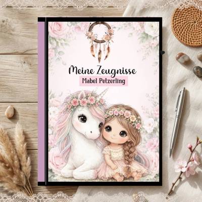 Süße Zeugnismappe für Mädchen | Personalisiert | Einhorn- Motiv | Einschulung & Schulanfang Geschenk | 26-62