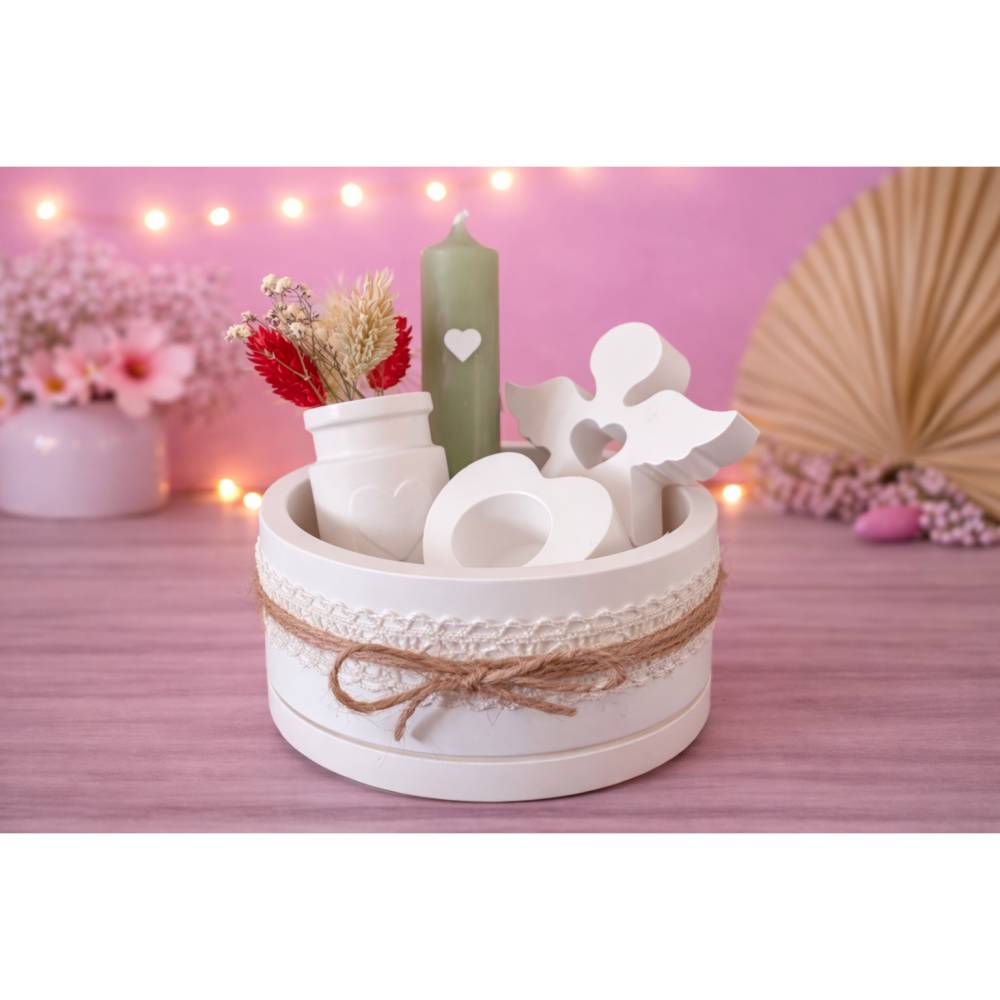 Geschenkset, Schale mit Vase, Engel, Kerze und Kerzenhalter, weiß, Raysin, Geburtstag, Freundin, Kollegin, Mitbringsel