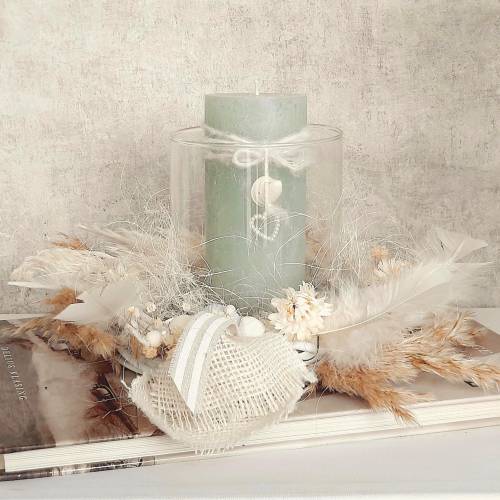 Boho Sommerkranz Trockenblumenkranz mit Windlicht in Creme Salbei Natur