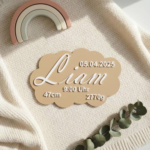 Baby Wolke | Geschenk zur Geburt | personalisierte Wanddeko aus PLA Kunststoff | Name, Geburtsdatum, Gewicht