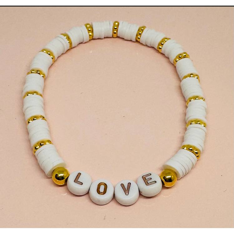 Personalisierbares Heishi Perlenarmband | Sommer Armband mit Wunschtext | Boho Schmuck Weiß Gold Bild 2