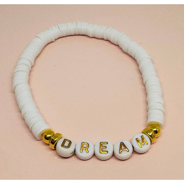 Personalisierbares Heishi Perlenarmband | Sommer Armband mit Wunschtext | Boho Schmuck Weiß Gold Bild 3