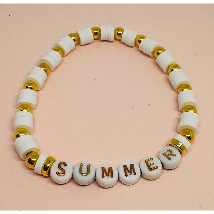 Personalisierbares Heishi Perlenarmband | Sommer Armband mit Wunschtext | Boho Schmuck Weiß Gold Bild 4