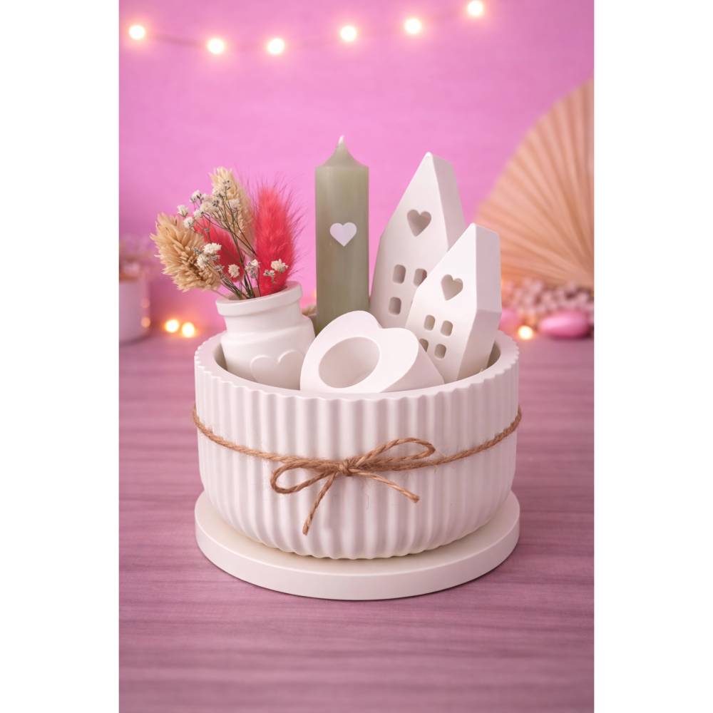 Geschenkset, Schale mit Vase, Lichthäuser, Kerze und Kerzenhalter, weiß, Raysin, Geburtstag, Freundin, Kollegin