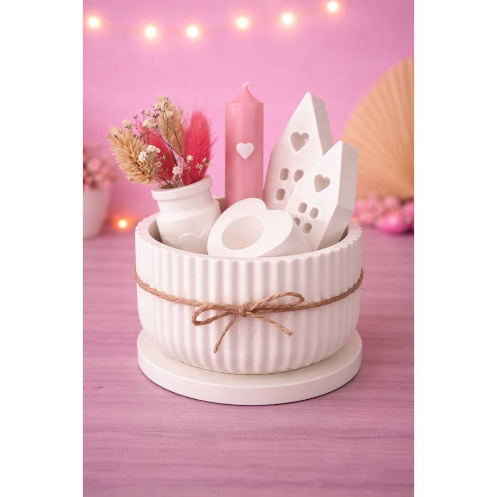 Geschenkset, Schale mit Vase, Lichthäuser, Kerze und Kerzenhalter, weiß, Raysin, Geburtstag, Freundin, Kollegin