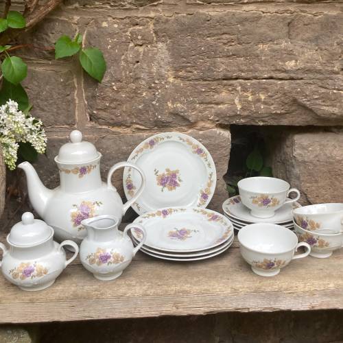 15 tlg. Kaffeeservice Rosendekor Lila Gold Colditz Lettin Porzellan 60er 70er Jahre DDR