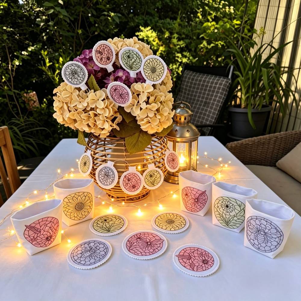 Stickdatei Sommerliebe Mosaik XXL Set 2692/10 Lichtbeutel, Untersetzer, Lichterkette und Blumenstecker Bild 2