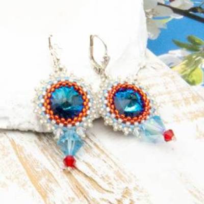 Maritime Ohrringe und Kette, Schmuckset blau rot Ohrhänger, Glasperlen, Geschenkidee, Unisex, tribal, handgemacht Unikat