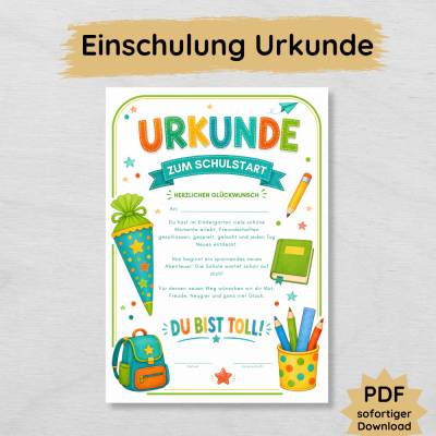 Urkunde zum Schulstart zum Ausdrucken | Einschulung PDF
