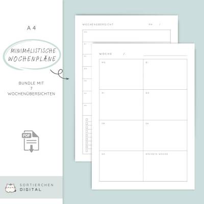 Minimalistische Wochenplaner A4 PDF Bundle | 7 undatierte Wochenübersichten zum Ausdrucken | Wochenplan Vorlage