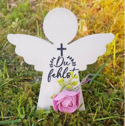 Engel aus Beton mit Schriftzug Grabschmuck Trauer Gedenken Vermissen Gedenkstein Erinnerung