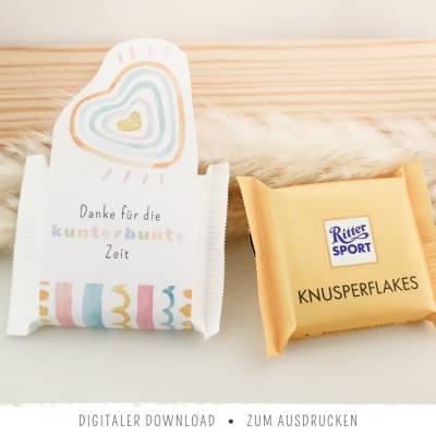 Mini-Ritter-Sport-Banderolen "Danke für die kunterbunte Zeit" | Geschenk für Erzieherin, Lehrer, Abschied Kindergarten, 