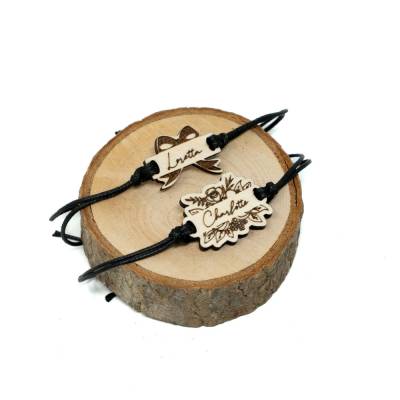Namen Armband JGA Set, Holz Blumen floral | Personalisierte Wunschgravur | Damen Frauen Mädchen | Verstellbar