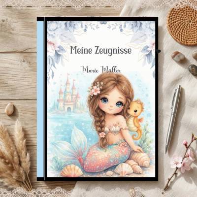 Süße Zeugnismappe für Mädchen | Personalisiert | Meerjungfrauen - Motive | Einschulung & Schulanfang Geschenk | 26-69