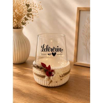 Windlicht „Lehrerin mit Herz“, Dekoschale mit Kerzenglas, weiß, mit Rillen, Keraflott, Tischfeuer, Geschenk