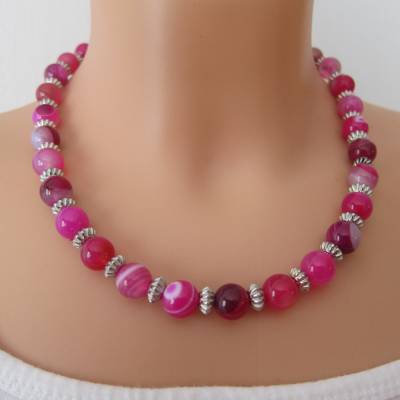 Edelsteinkette Streifen Achat pink weiß silberfarben Perlen Achatkette Perlenkette Edelstein Kette Collier