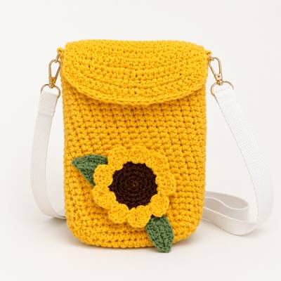 Handgefertigte Sommertasche mit Sonnenblume – Gehäkelte Umhängetasche Unikat