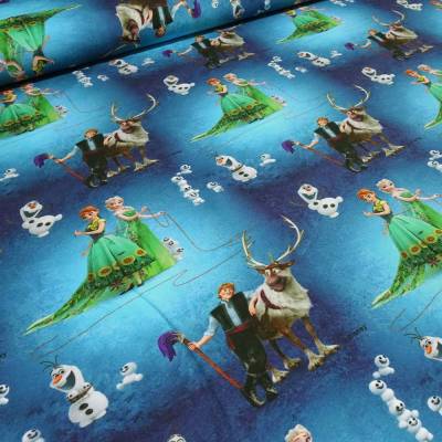 Stoff Baumwolle Jersey Disney Eiskönigin Frozen Anna Elsa Olaf Design blau grün Kinderstoff Kleiderstoff Lizenzstoff