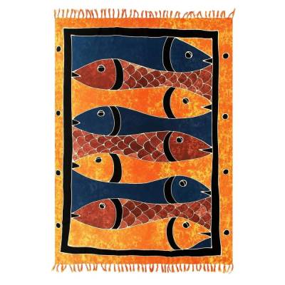 Pareo Fische mit 2-seitigen Fransen + Sarongschnalle, 170x110 cm, Handarbeit, oker-schwarz, Grundfarbe orange, ba 011