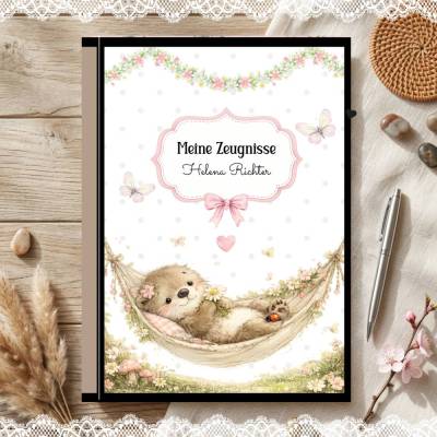 Süße Zeugnismappe für Mädchen | Personalisiert | Otter - Motiv | Einschulung & Schulanfang Geschenk | 26-89