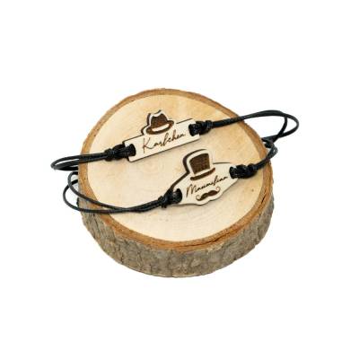 Namen Armband JGA Set, Holz Gentleman Mister Moustache | Personalisierte Wunschgravur | Herren Jungen
