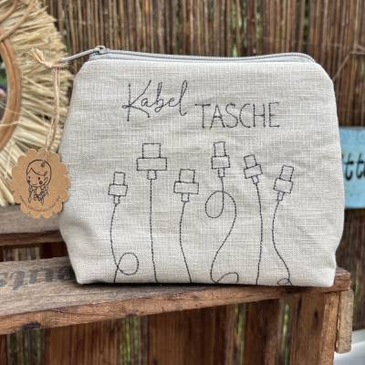 Kabeltasche // Leinentasche für unterwegs // Krimskrams // Kabel // Urlaub // Camping grün