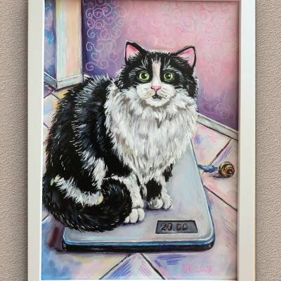 Süße Katze auf Waage im Rahmen - Handgemaltes Acrylgemälde in 21x30 cm - Einzigartiges Tierporträt als Wandbild.