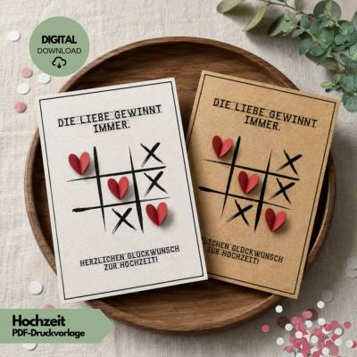 Hochzeitskarte PDF zum Ausdrucken, Geldgeschenk zur Hochzeit, Die Liebe gewinnt immer DIY Hochzeitskarte mit 3D Herzen