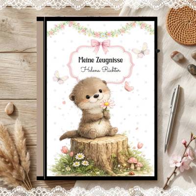 Süße Zeugnismappe für Mädchen | Personalisiert | Otter - Motiv | Einschulung & Schulanfang Geschenk | 26-89