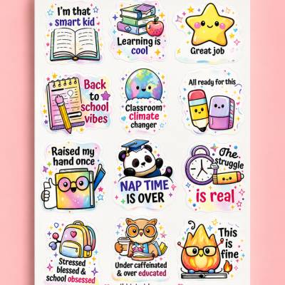 Kawaii Back to School Sticker Sheet – Cute School Planner Stickers – Motivational Study Stickers – Waterproof Vinyl