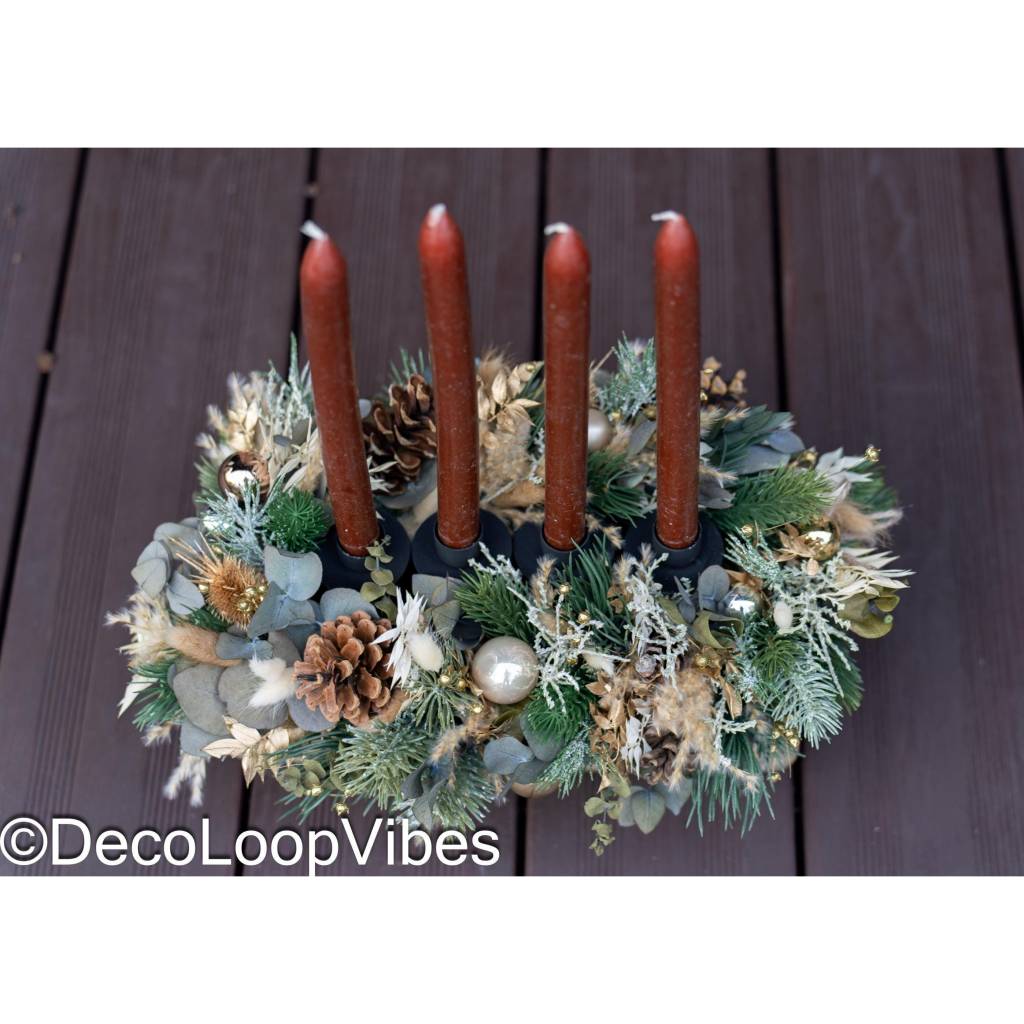 Haltbarer Adventsgesteck Weihnachten rustikal/Winter Adventskranz für Kerzen/Trockenblumenringkranz viel Blumen/Christma