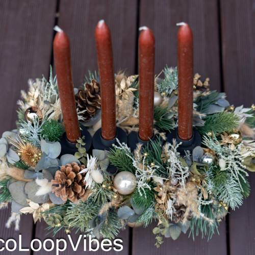Haltbarer Adventsgesteck Weihnachten rustikal/Winter Adventskranz für Kerzen/Trockenblumenringkranz viel Blumen/Christma