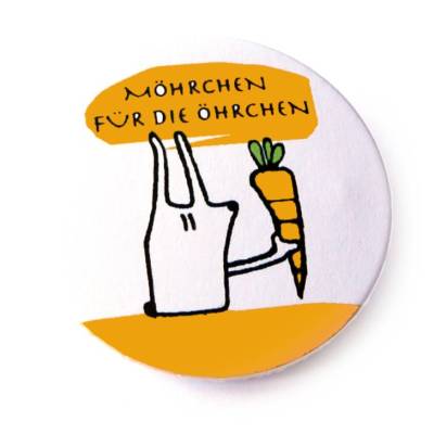Möhrchen für die Öhrchen auf handgemachtem Button, Magnet, Taschenspiegel oder Flaschenöffner.