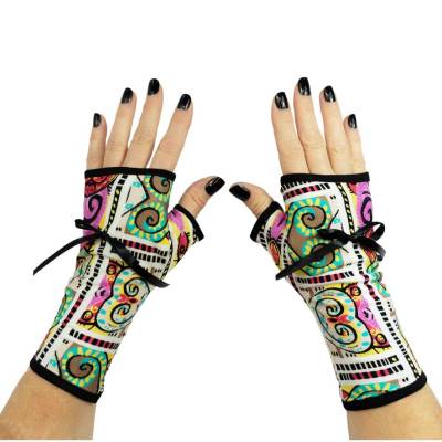 Fingerlose Handschuhe Ethno bunt mit Ornamenten & Streifen | gefüttert + Schleife | Futter wählbar