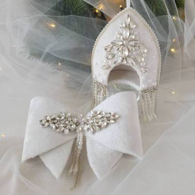 Christbaumschmuck Samtschleife Kokoschnik weiß Kristalle Perlen  Weihnachtsdeko Weihnachtsgeschenk Tannenbaumschmuck 