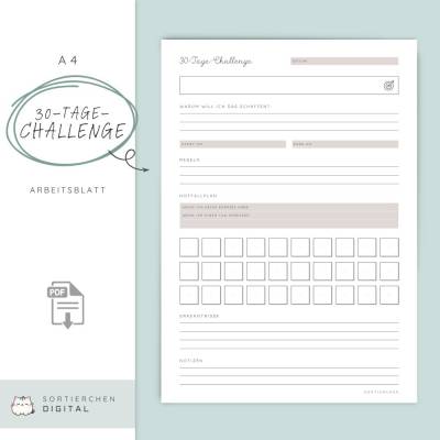 30 Tage Challenge Arbeitsblatt PDF | Habit Tracker deutsch zum Gewohnheiten aufbauen
